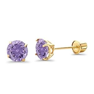 Solid 14K Yellow Gold Round Purple CZ Stud Earrings Screw Back 5mm